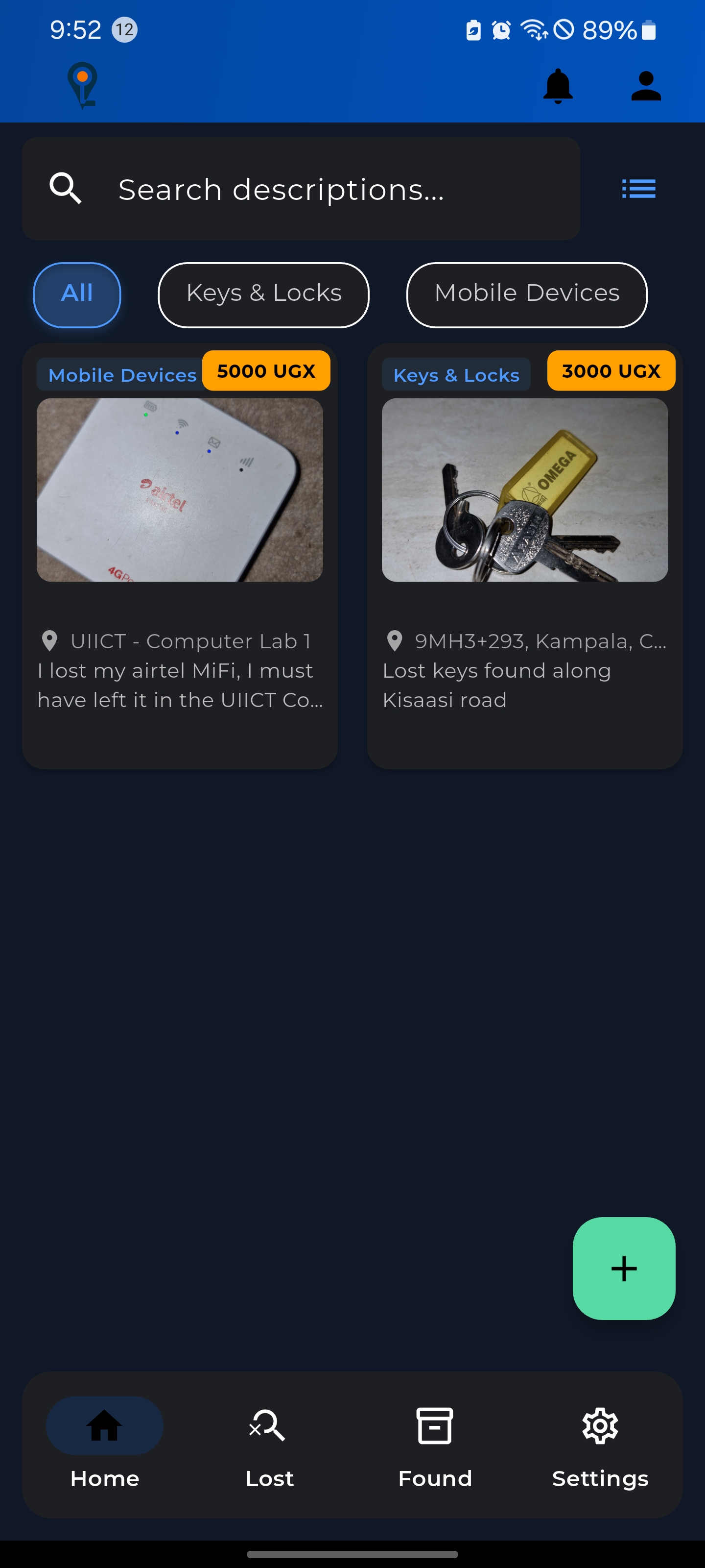 Londa Home Screen showing map and items